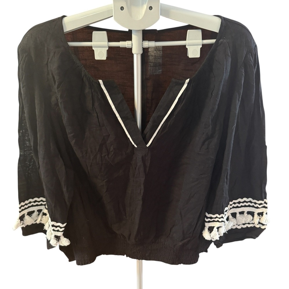 Lane Bryant Black Embroidered Tassel Blouse Size 20 V Neck NWT Boho Fringe - Picture 4 of 9